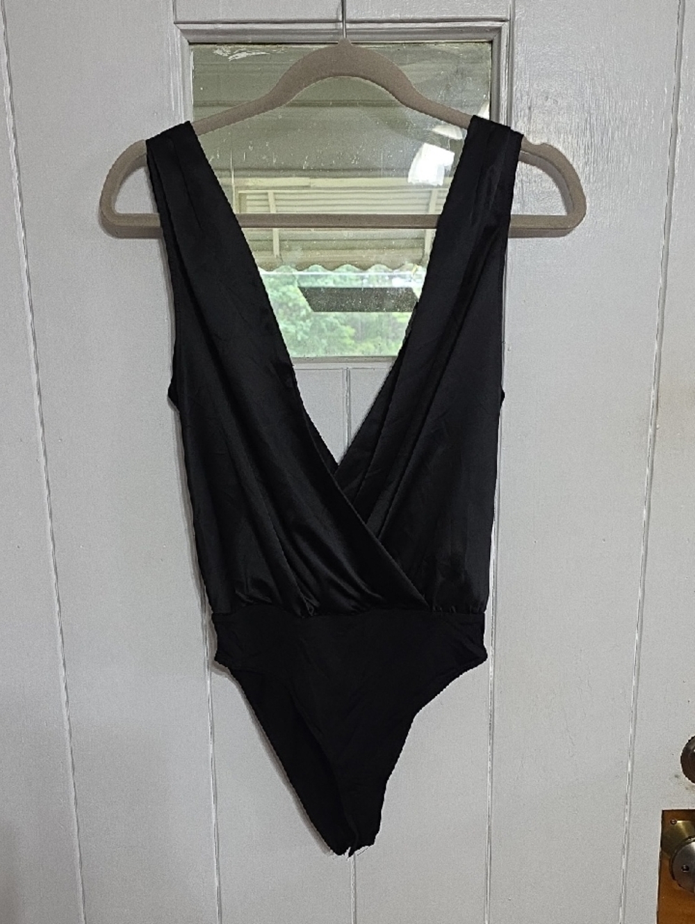 Zara Women's Bodysuit Black Satiny Plunging Wrap Style Neckline Snaps Sz S EUC